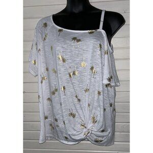 Torrid Sz Plus ?? (See Meas) White Palm Gold Foil Twist Tee One Shoulder EUC